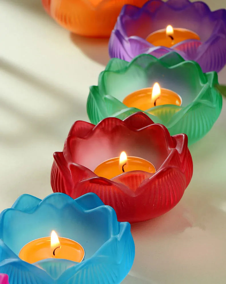 Colorful Glass Lotus Candle Holder Buddhist Altar Lamp Butter Lamp Stand, Ever-Burning Candlestick for Worship & Home Decoration
