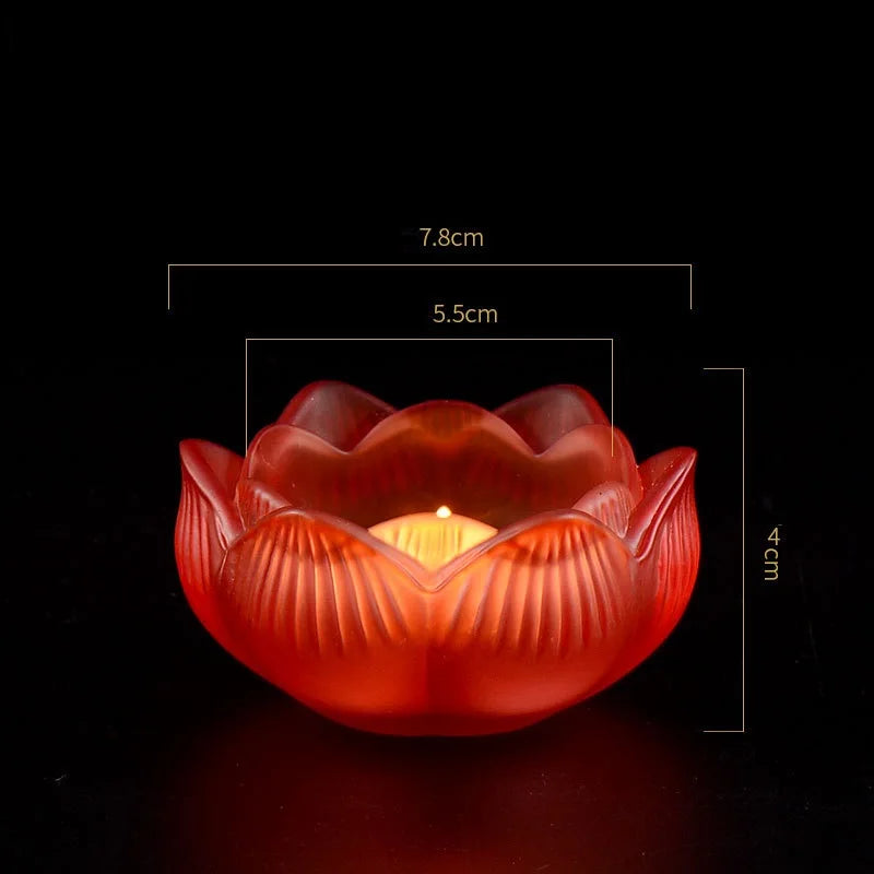 Colorful Glass Lotus Candle Holder Buddhist Altar Lamp Butter Lamp Stand, Ever-Burning Candlestick for Worship & Home Decoration