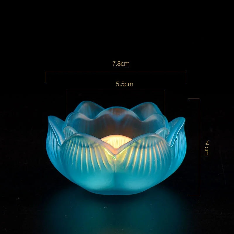 Colorful Glass Lotus Candle Holder Buddhist Altar Lamp Butter Lamp Stand, Ever-Burning Candlestick for Worship & Home Decoration