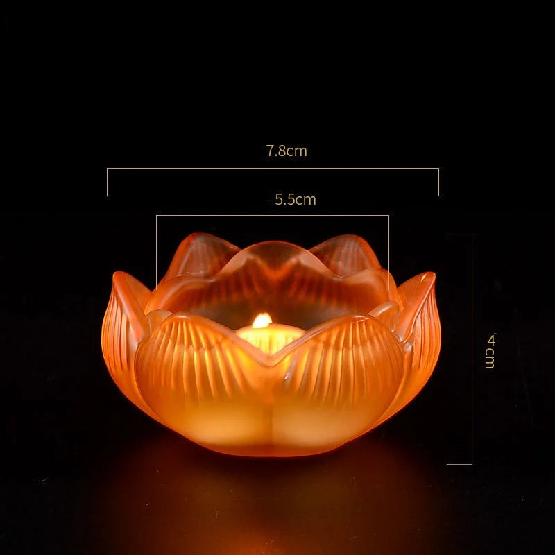 Colorful Glass Lotus Candle Holder Buddhist Altar Lamp Butter Lamp Stand, Ever-Burning Candlestick for Worship & Home Decoration