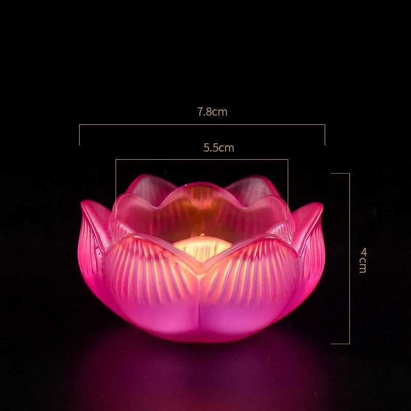 Colorful Glass Lotus Candle Holder Buddhist Altar Lamp Butter Lamp Stand, Ever-Burning Candlestick for Worship & Home Decoration