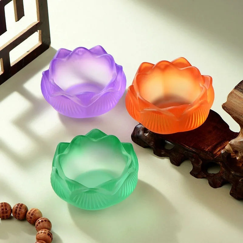 Colorful Glass Lotus Candle Holder Buddhist Altar Lamp Butter Lamp Stand, Ever-Burning Candlestick for Worship & Home Decoration
