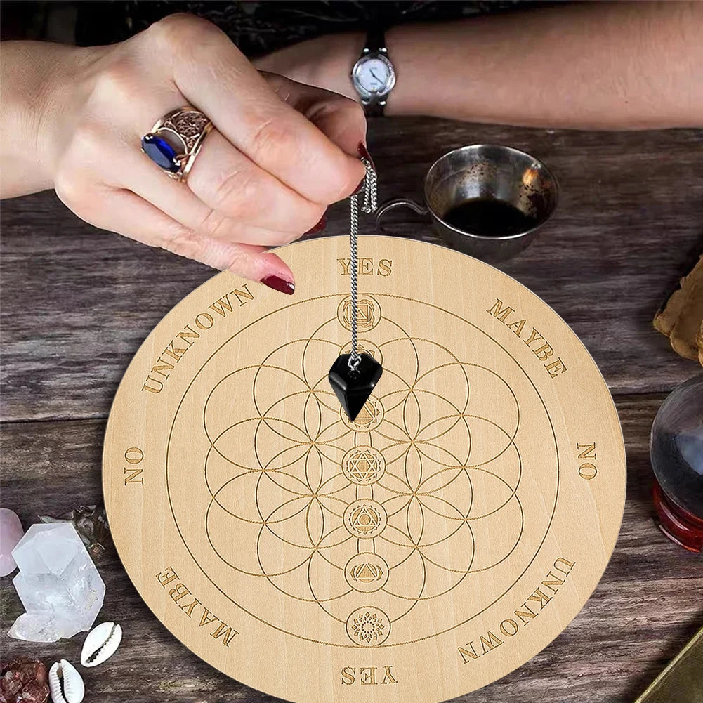 20cm Round Wooden Pendulum Board Geometric Flower of Life Chakra Magics Meditation Decision Plate Spirit Wiccan Ritual Supplies