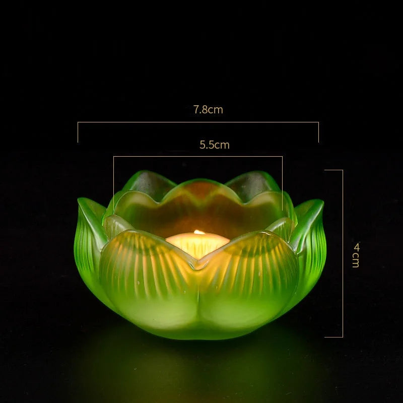 Colorful Glass Lotus Candle Holder Buddhist Altar Lamp Butter Lamp Stand, Ever-Burning Candlestick for Worship & Home Decoration