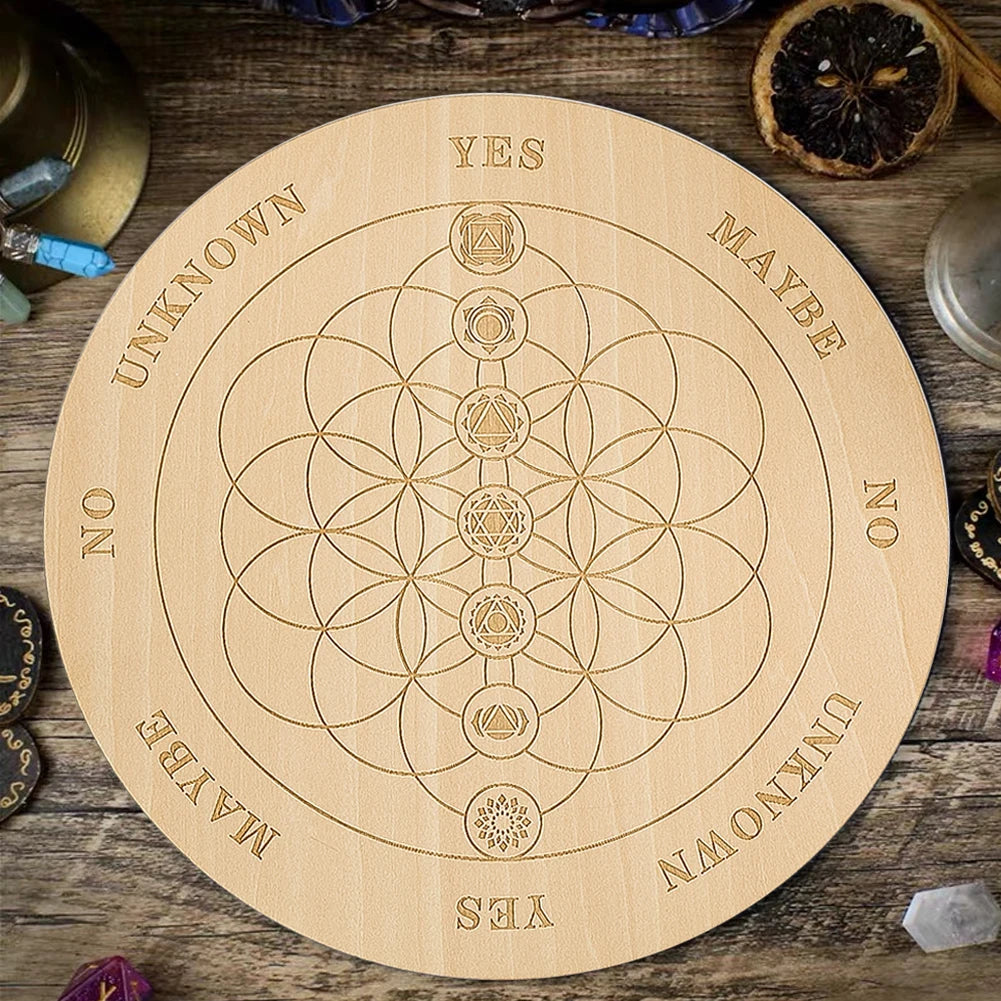 20cm Round Wooden Pendulum Board Geometric Flower of Life Chakra Magics Meditation Decision Plate Spirit Wiccan Ritual Supplies